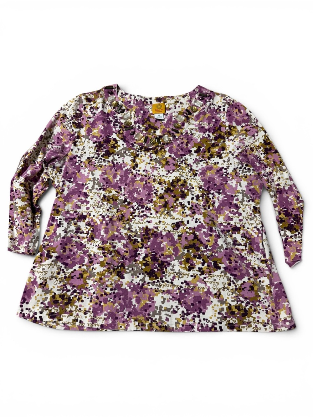 Ruby Rd. Purple  Print Long-Sleeve Tee jeweled neck